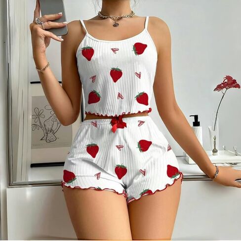 طقم بيجامة للنساء توب وشورت قصير لطيف مكون من قطعتين Pj مضلع مثير ملابس نوم صالة مجموعة in Kuwait