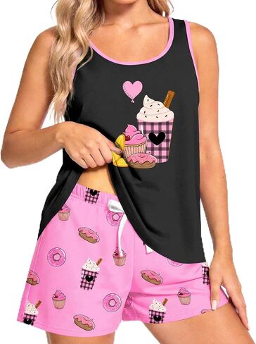 Womens Pajamas Sets 2 Piece Soft Tank Top and Shorts Pj Set for Women Summer Sleeveless Nightwear Lounge Sets in Saudi Arabia
