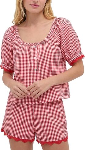 Wyeysyt Womens Gingham Set Plaid 2 Piece Sets Summer Matching Set Cotton Puff Sleeve Top Shorts Pajama Set in Kuwait
