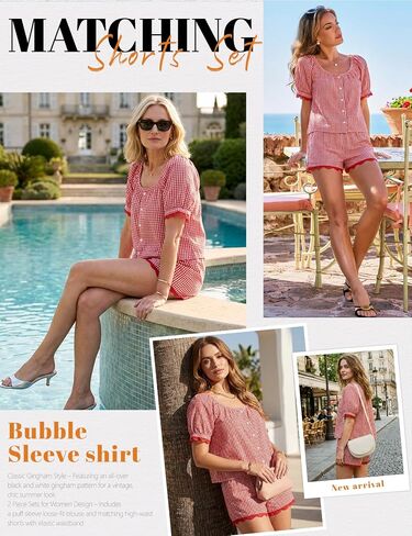 Wyeysyt Womens Gingham Set Plaid 2 Piece Sets Summer Matching Set Cotton Puff Sleeve Top Shorts Pajama Set in Kuwait