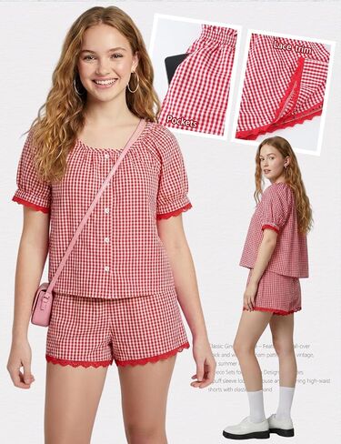 Wyeysyt Womens Gingham Set Plaid 2 Piece Sets Summer Matching Set Cotton Puff Sleeve Top Shorts Pajama Set in Kuwait
