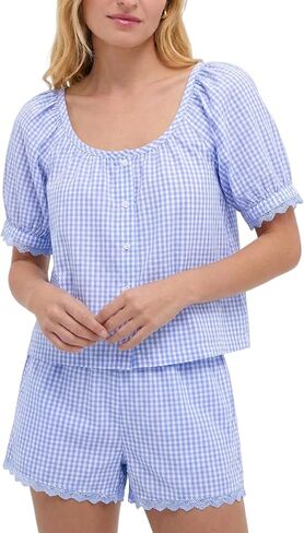 Wyeysyt Womens Gingham Set Plaid 2 Piece Sets Summer Matching Set Cotton Puff Sleeve Top Shorts Pajama Set in Kuwait