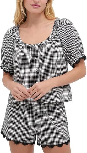 Wyeysyt Womens Gingham Set Plaid 2 Piece Sets Summer Matching Set Cotton Puff Sleeve Top Shorts Pajama Set in Kuwait