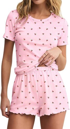 LEEDYA Womens Pajamas 2 Piece Cute Pajamas Set Short Sleeve Tops Shorts PJs Floral Print Y2K Summer Sleepwear Lounge Set in Saudi Arabia
