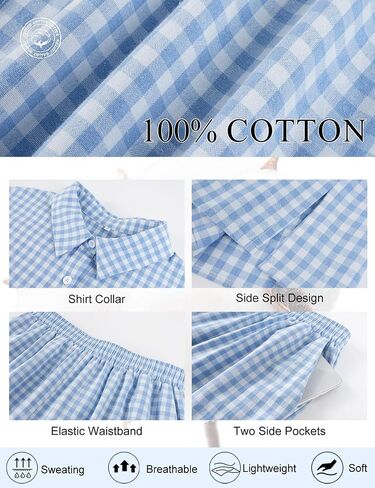 COZYPOIN 100% Cotton Pajamas Set for Womens Gingham 2 Piece Short Sleeve Button Down Shirt Ruffle Pants Vacation Sleepwear in Kuwait