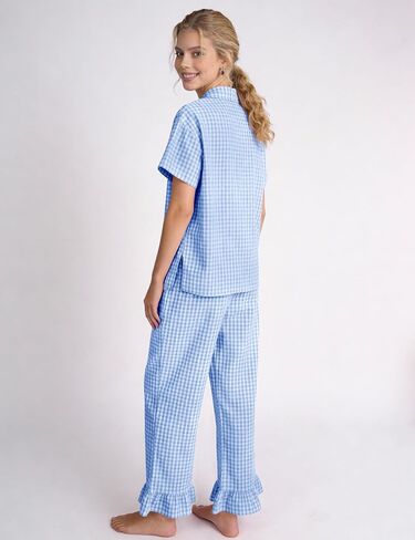 COZYPOIN 100% Cotton Pajamas Set for Womens Gingham 2 Piece Short Sleeve Button Down Shirt Ruffle Pants Vacation Sleepwear in Kuwait