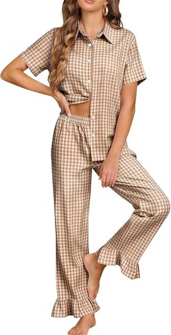 COZYPOIN 100% Cotton Pajamas Set for Womens Gingham 2 Piece Short Sleeve Button Down Shirt Ruffle Pants Vacation Sleepwear in Kuwait