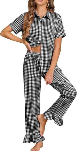 COZYPOIN 100% Cotton Pajamas Set for Womens Gingham 2 Piece Short Sleeve Button Down Shirt Ruffle Pants Vacation Sleepwear in Kuwait