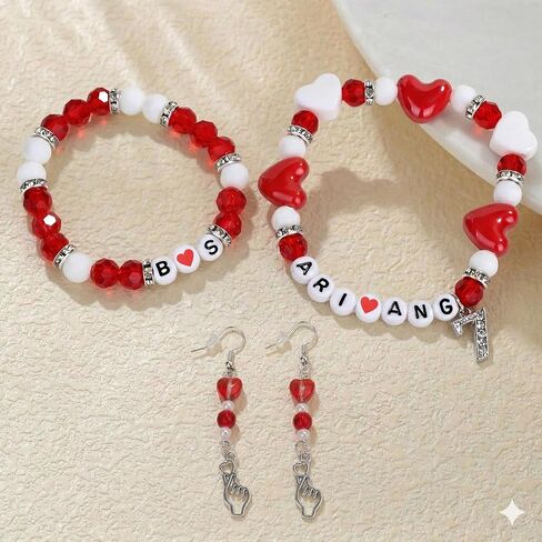 Red Heart Beaded Bracelet Set with Earrings, Letter Bead Bracelet, Cute Heart Charm Jewelry, Concert Outfit Accessory, Friendship Bracelet Gift in Kuwait