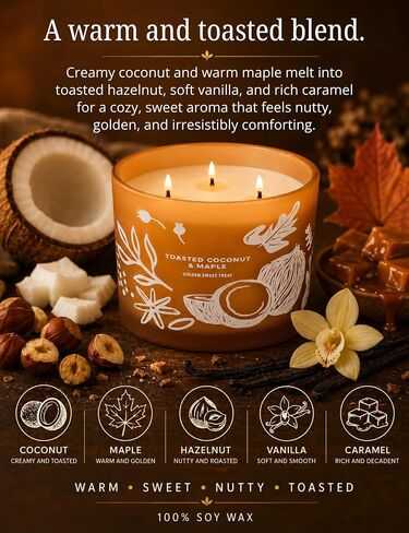 Toasted Coconut Maple Scented Candle | Large 3 Wick Scented Soy Candle for Home | 14.5oz Warm Sweet Nutty Candle | Maple Hazelnut Candles | Long Lasting Clean Burn | Gift for Women & Men in Saudi Arabia
