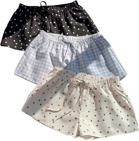 MakeMeChic Women's 3 Pack Shorts Gingham Polka Dots Low Rise Drawstring Summer Y2K Mini Shorts in Kuwait