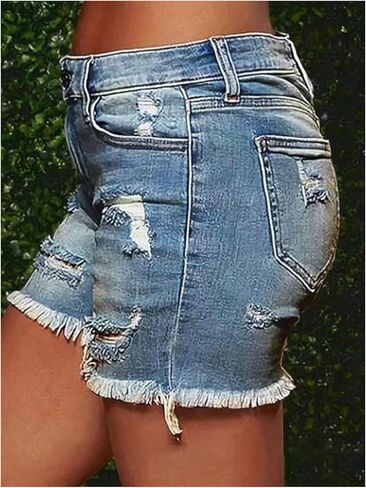 SweatyRocks Women's Jean Shorts Low Rise Ripped Distressed Trendy Casual Skinny Denim Shorts in Kuwait