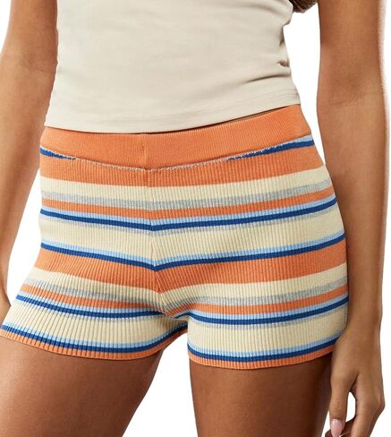 Women Striped Knit Shorts Color Block Elastic Waist Ribbed Mini Shorts Cute Summer Bottoms Casual Loungewear in Saudi Arabia