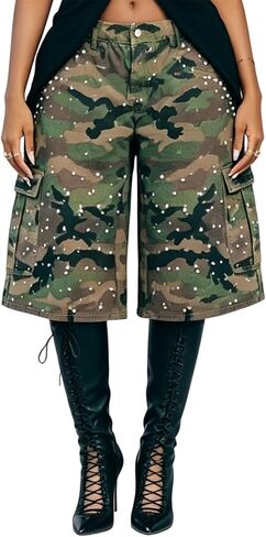 Kwunbwa Womens Camo Cargo Shorts High Waisted Pearl Y2K Baggy Jorts Knee Length Bermuda Shorts with Pockets Streetwear in Saudi Arabia