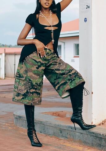 Kwunbwa Womens Camo Cargo Shorts High Waisted Pearl Y2K Baggy Jorts Knee Length Bermuda Shorts with Pockets Streetwear in Saudi Arabia