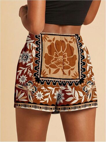 SweatyRocks Women's Boho Mini Skirts Floral Shorts Tie Side Wrap Elastic Waist Summer Skorts Beach Vacation Outfits Rust Brown Medium in Kuwait