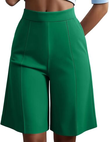High Waist Bermuda Shorts Women Knee Length Wide Leg Dressy Casual Summer Pleated Front Work Shorts with Pockets in Kuwait