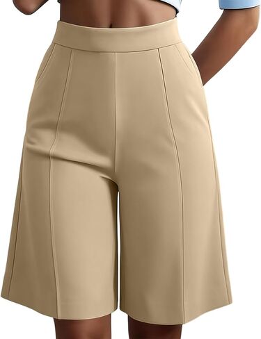 High Waist Bermuda Shorts Women Knee Length Wide Leg Dressy Casual Summer Pleated Front Work Shorts with Pockets in Kuwait