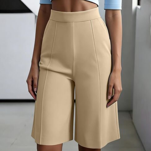 High Waist Bermuda Shorts Women Knee Length Wide Leg Dressy Casual Summer Pleated Front Work Shorts with Pockets in Kuwait