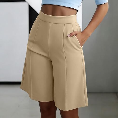 High Waist Bermuda Shorts Women Knee Length Wide Leg Dressy Casual Summer Pleated Front Work Shorts with Pockets in Kuwait