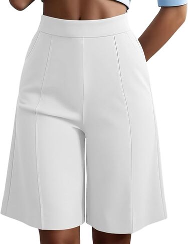 High Waist Bermuda Shorts Women Knee Length Wide Leg Dressy Casual Summer Pleated Front Work Shorts with Pockets in Kuwait