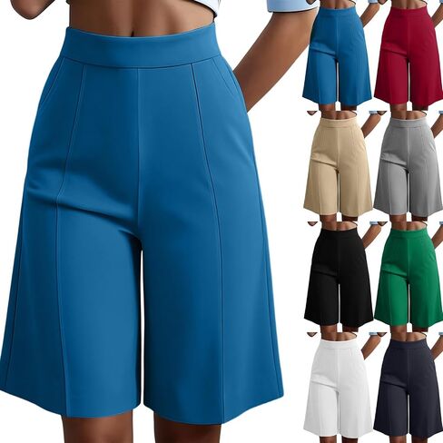 High Waist Bermuda Shorts Women Knee Length Wide Leg Dressy Casual Summer Pleated Front Work Shorts with Pockets in Kuwait