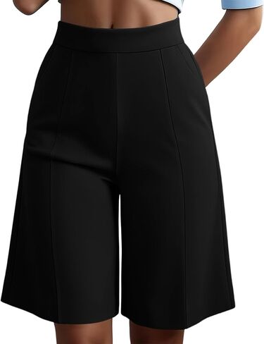 High Waist Bermuda Shorts Women Knee Length Wide Leg Dressy Casual Summer Pleated Front Work Shorts with Pockets in Kuwait