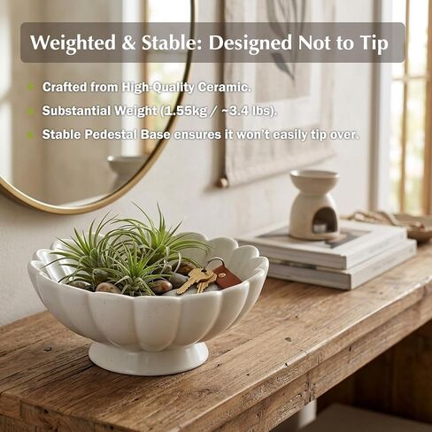 8-Inch Medium Fluted Ceramic Decorative Bowl,Cream White Speckled Fruit Bowl for Kitchen Counter,Key Bowl for Entryway Table,Handcrafted Pedestal Bowl for Coffee Table, Dining Room Centerpiece Bowl ﻿ in Saudi Arabia