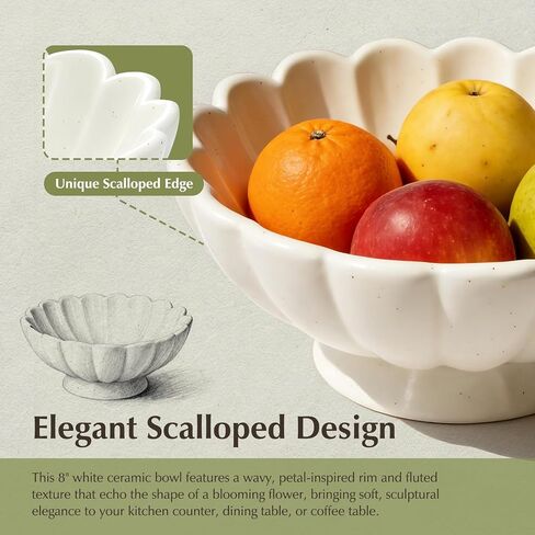 8-Inch Medium Fluted Ceramic Decorative Bowl,Cream White Speckled Fruit Bowl for Kitchen Counter,Key Bowl for Entryway Table,Handcrafted Pedestal Bowl for Coffee Table, Dining Room Centerpiece Bowl ﻿ in Saudi Arabia