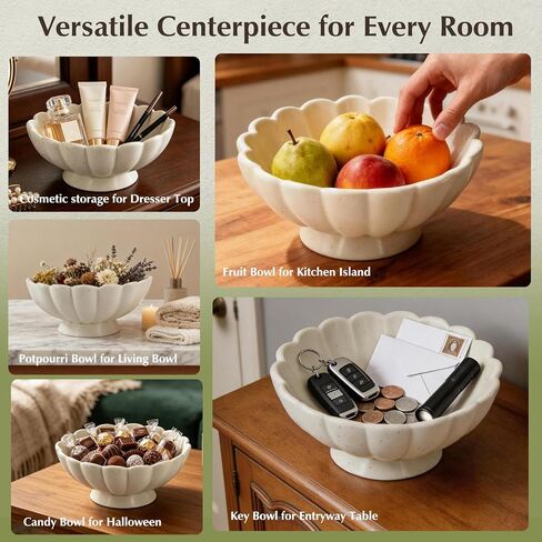 8-Inch Medium Fluted Ceramic Decorative Bowl,Cream White Speckled Fruit Bowl for Kitchen Counter,Key Bowl for Entryway Table,Handcrafted Pedestal Bowl for Coffee Table, Dining Room Centerpiece Bowl ﻿ in Saudi Arabia