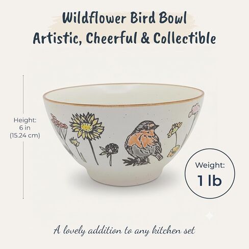 Blue Sky Clayworks Wildflower Bird Ceramic Bowl, 6" Diameter, Hand Painted Songbird and Floral Design in Saudi Arabia