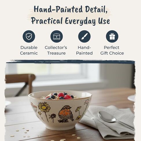 Blue Sky Clayworks Wildflower Bird Ceramic Bowl, 6" Diameter, Hand Painted Songbird and Floral Design in Saudi Arabia