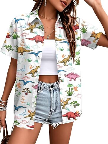 Dinosaur Shirt for Women Dinosaurs Print Shirts Hawaiian Dino Tees Loose Button up Blouse Summer Cute Tops in Kuwait