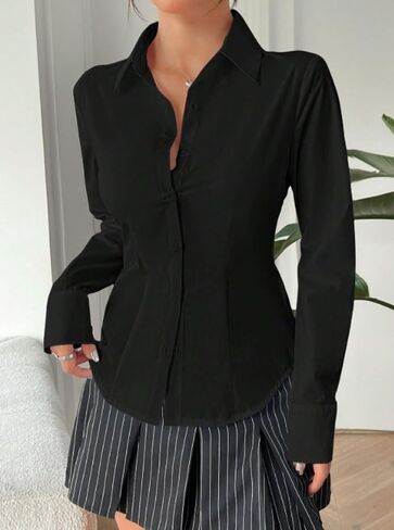 Women's Button Down Shirts Long Sleeve Dress Shirts Wrinkle Free Collared Work Office Solid Blouses Corset Tops in Kuwait