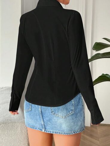 Women's Button Down Shirts Long Sleeve Dress Shirts Wrinkle Free Collared Work Office Solid Blouses Corset Tops in Kuwait