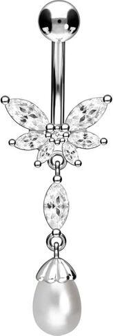 PIERCINGLINE surgical steel dangle belly button piercing with butterfly + synthetic pearl - belly button ring surgical steel, gold, silver, rosegold piercing - new version with improved durability in Saudi Arabia
