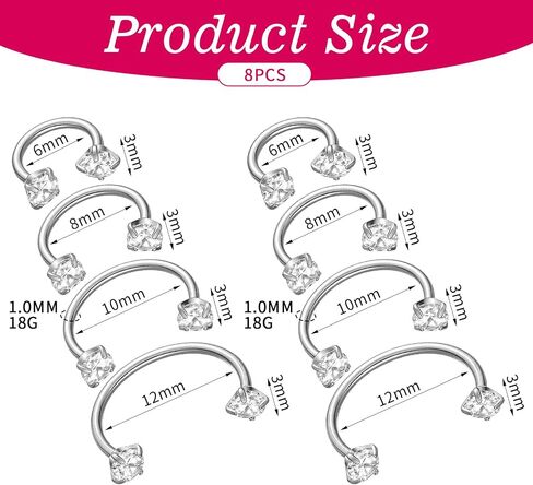 8Pcs Horse Shoe Nose Rings for Women, Surgical Steel Horseshoe Nose Ring 18g Cubic Zirconia Double Stud Noses Ring for Daith Piercing Jewelry Inner Diameter 6/8/10/12mm in Saudi Arabia