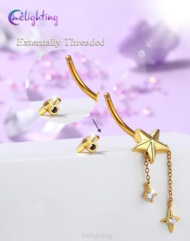 Melighting 14G الذهب البطن زر سلسلة متدلية سلسلة، 10 ملم الفولاذ المقاوم للصدأ ثقب البطن المجوهرات مع تصميم نجمة القلب تشيكوسلوفاكيا، لطيف حلقة السرة الفضية للشاطئ ارتداء اليومي النساء in Kuwait