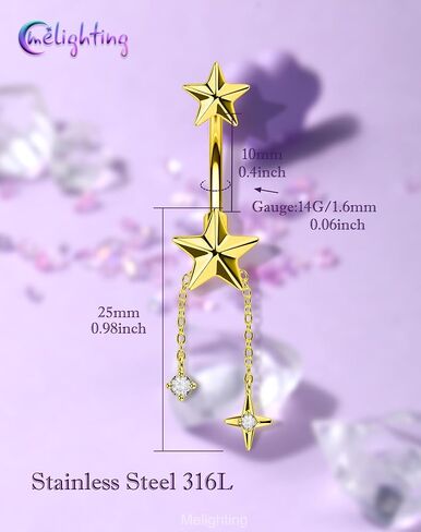 Melighting 14G الذهب البطن زر سلسلة متدلية سلسلة، 10 ملم الفولاذ المقاوم للصدأ ثقب البطن المجوهرات مع تصميم نجمة القلب تشيكوسلوفاكيا، لطيف حلقة السرة الفضية للشاطئ ارتداء اليومي النساء in Kuwait