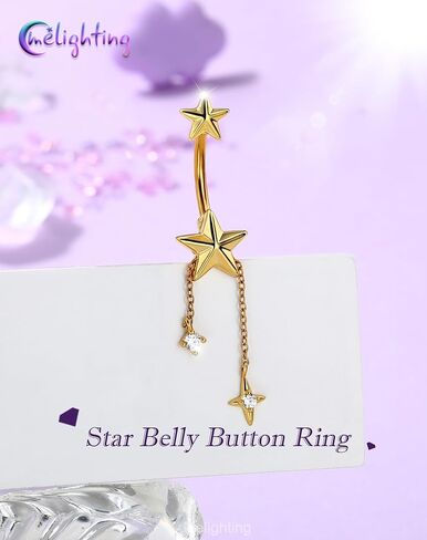 Melighting 14G الذهب البطن زر سلسلة متدلية سلسلة، 10 ملم الفولاذ المقاوم للصدأ ثقب البطن المجوهرات مع تصميم نجمة القلب تشيكوسلوفاكيا، لطيف حلقة السرة الفضية للشاطئ ارتداء اليومي النساء in Kuwait