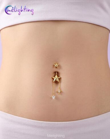 Melighting 14G الذهب البطن زر سلسلة متدلية سلسلة، 10 ملم الفولاذ المقاوم للصدأ ثقب البطن المجوهرات مع تصميم نجمة القلب تشيكوسلوفاكيا، لطيف حلقة السرة الفضية للشاطئ ارتداء اليومي النساء in Kuwait