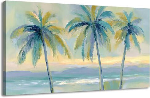 llribbons Large Palm Tree Canvas Wall Art Beach Coastal Seascape Painting Tropical Botanical prints Modern Artwork for Bathroom Beach House Bedroom Living Room Home Office Wall Decor Framed 28" x 58" in Saudi Arabia
