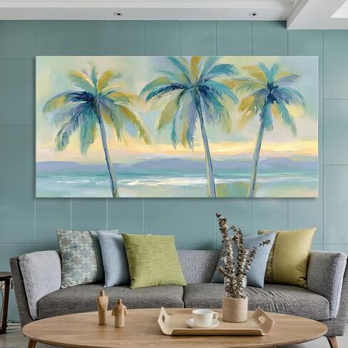 llribbons Large Palm Tree Canvas Wall Art Beach Coastal Seascape Painting Tropical Botanical prints Modern Artwork for Bathroom Beach House Bedroom Living Room Home Office Wall Decor Framed 28" x 58" in Saudi Arabia