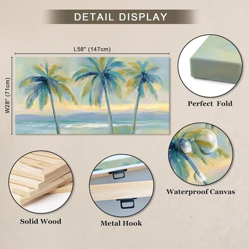 llribbons Large Palm Tree Canvas Wall Art Beach Coastal Seascape Painting Tropical Botanical prints Modern Artwork for Bathroom Beach House Bedroom Living Room Home Office Wall Decor Framed 28" x 58" in Saudi Arabia