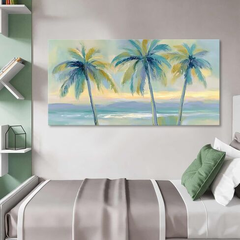 llribbons Large Palm Tree Canvas Wall Art Beach Coastal Seascape Painting Tropical Botanical prints Modern Artwork for Bathroom Beach House Bedroom Living Room Home Office Wall Decor Framed 28" x 58" in Saudi Arabia