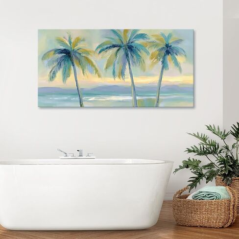 llribbons Large Palm Tree Canvas Wall Art Beach Coastal Seascape Painting Tropical Botanical prints Modern Artwork for Bathroom Beach House Bedroom Living Room Home Office Wall Decor Framed 28" x 58" in Saudi Arabia