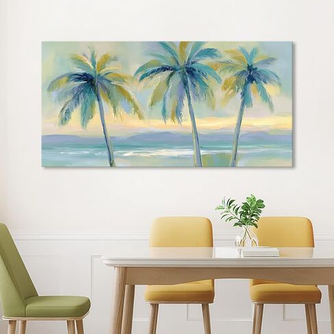 llribbons Large Palm Tree Canvas Wall Art Beach Coastal Seascape Painting Tropical Botanical prints Modern Artwork for Bathroom Beach House Bedroom Living Room Home Office Wall Decor Framed 28" x 58" in Saudi Arabia