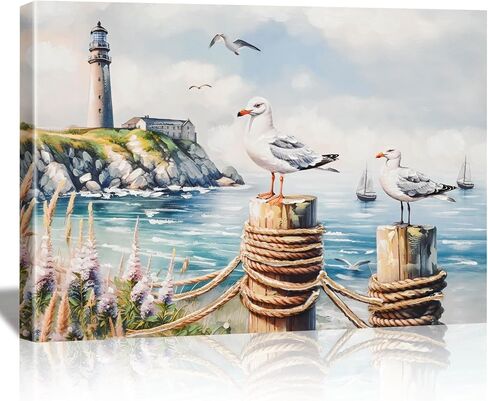 DRLWGTY Large Canvas Wall Art, Framed Vintage Coastal Wall Decor – Seagull by the Sea with Lighthouse and Waves,Hand-Painted Accent Details for Bedroom Living Room Office (Seagulls, 28*40 in, Wrapped Canvas) in Saudi Arabia