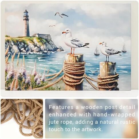 DRLWGTY Large Canvas Wall Art, Framed Vintage Coastal Wall Decor – Seagull by the Sea with Lighthouse and Waves,Hand-Painted Accent Details for Bedroom Living Room Office (Seagulls, 28*40 in, Wrapped Canvas) in Saudi Arabia