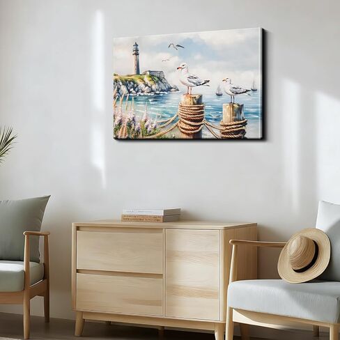 DRLWGTY Large Canvas Wall Art, Framed Vintage Coastal Wall Decor – Seagull by the Sea with Lighthouse and Waves,Hand-Painted Accent Details for Bedroom Living Room Office (Seagulls, 28*40 in, Wrapped Canvas) in Saudi Arabia